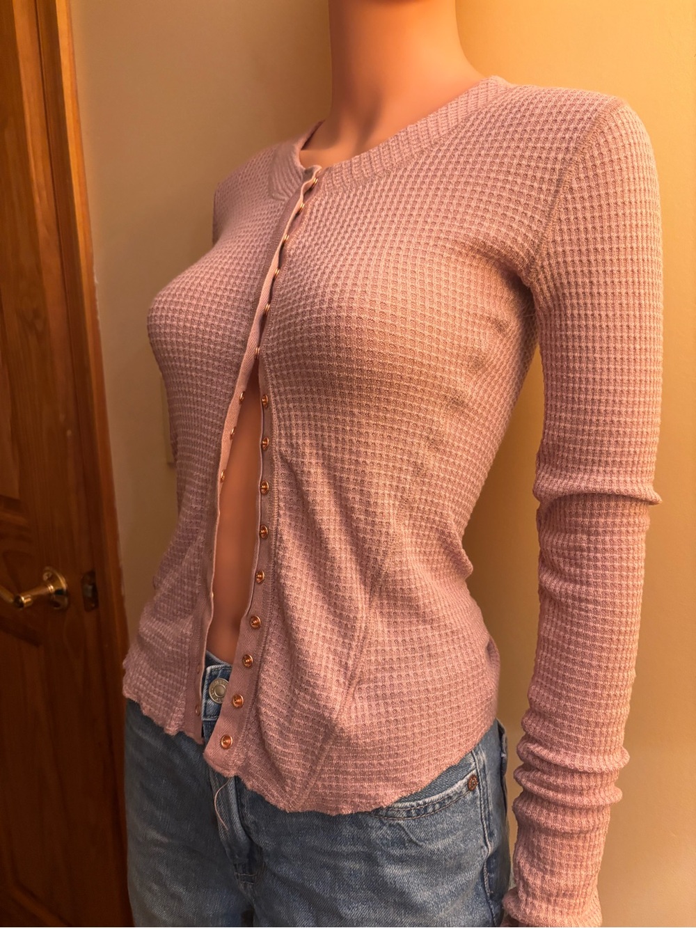 Free People Waffle Knit Snap-Front Top — Mauve Pink